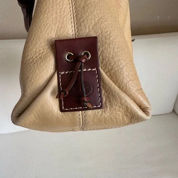 Vintage Dooney & Bourke Tan and Brown Leather Drawstring Bucket Bag